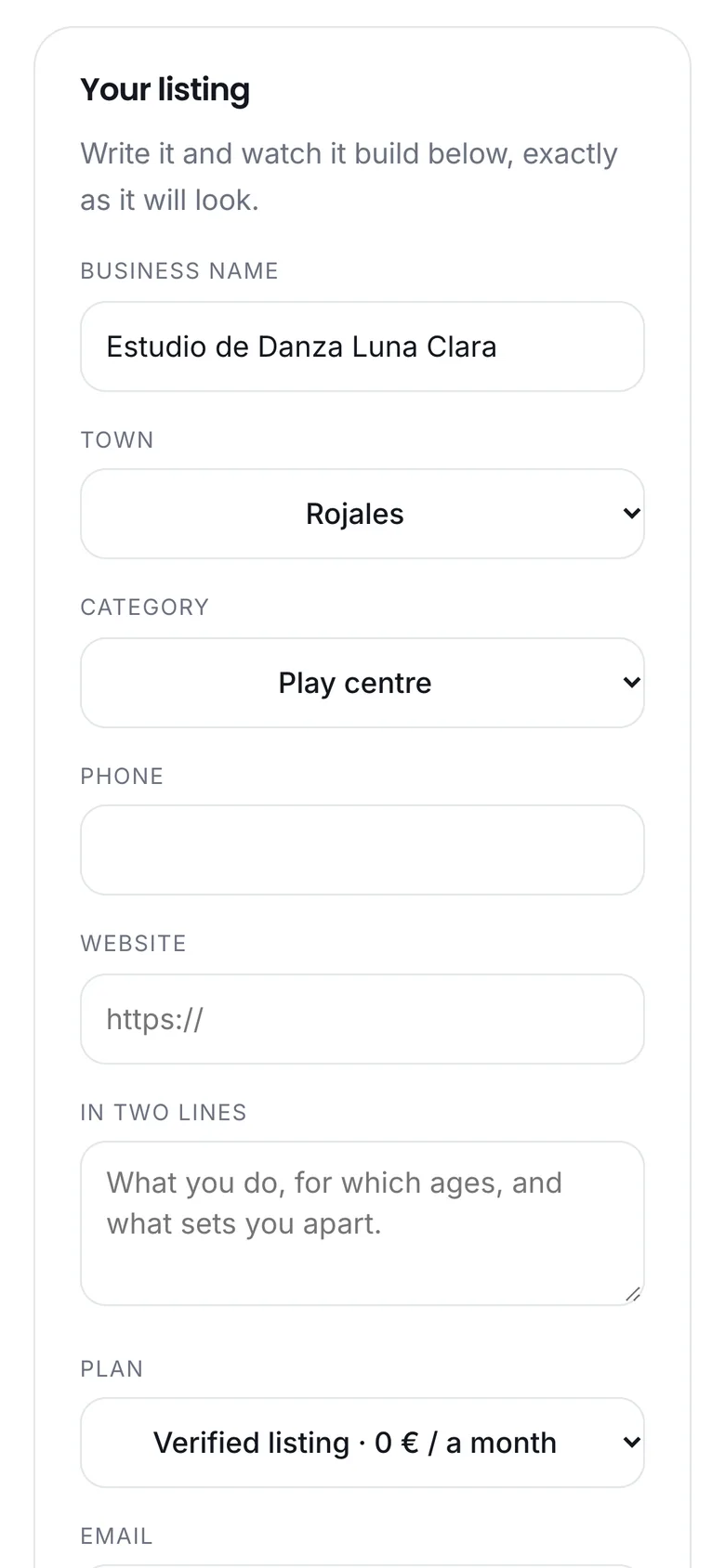 The “Your listing” form to add a business