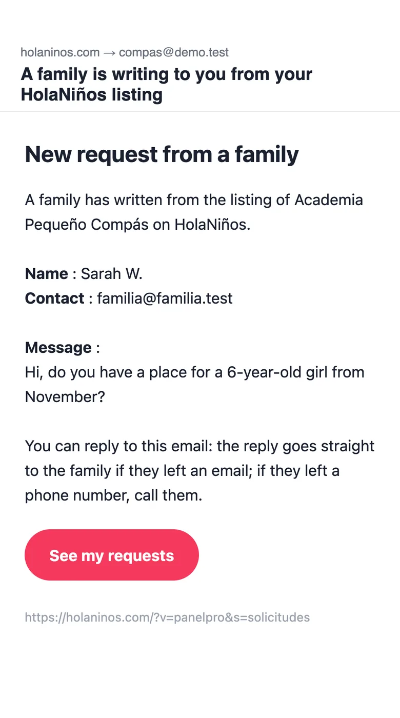 The email the business receives with a family's request