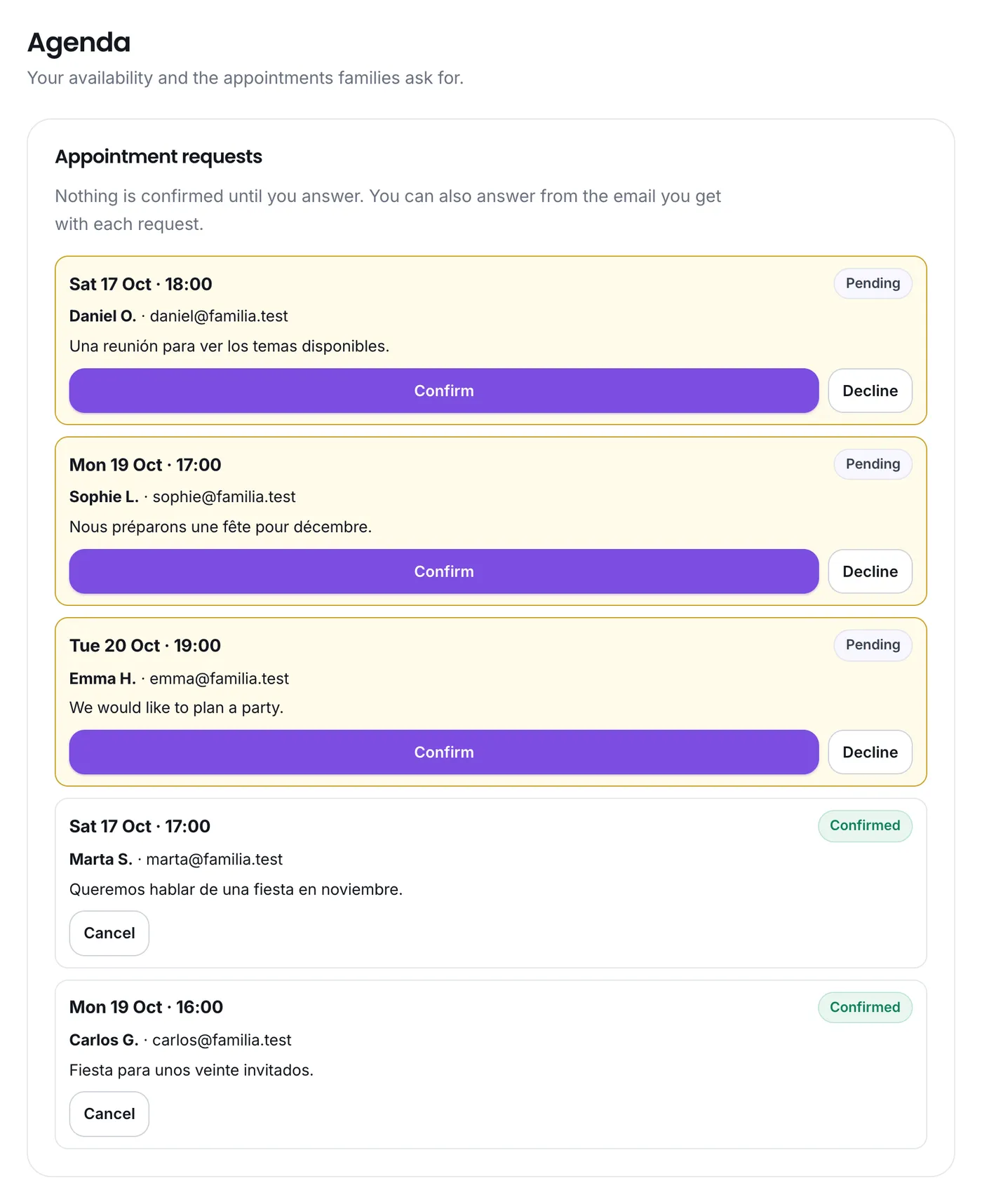 Meeting requests, with the Confirm and Decline buttons