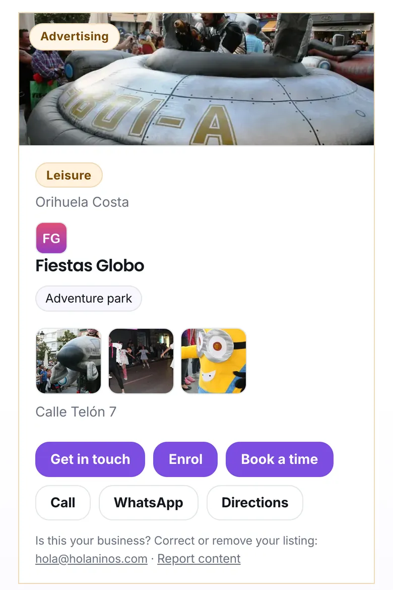 The listing of a party entertainer, with its logo and photos