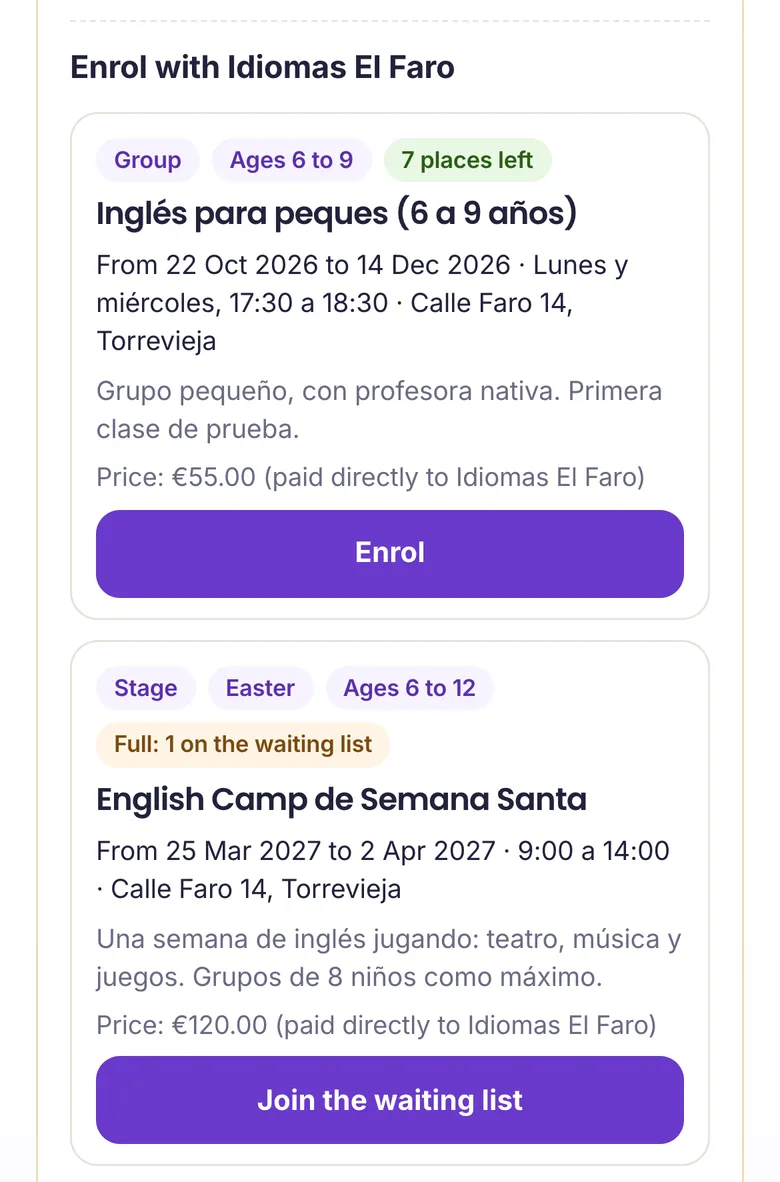 The offers of an academy, with free places and the Enrol button
