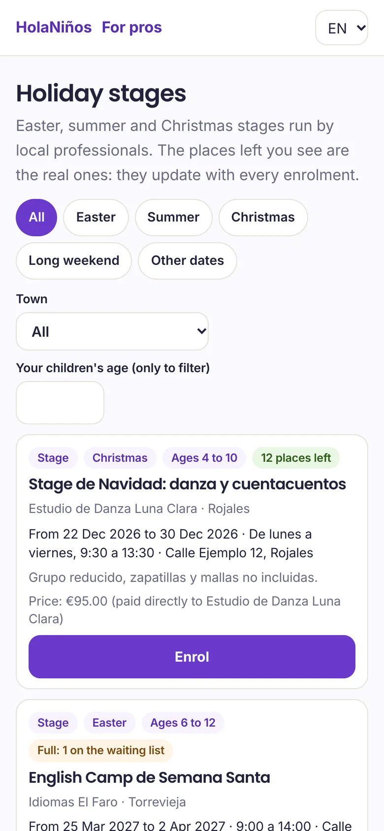 The Holiday stages page, with free places and the period filter