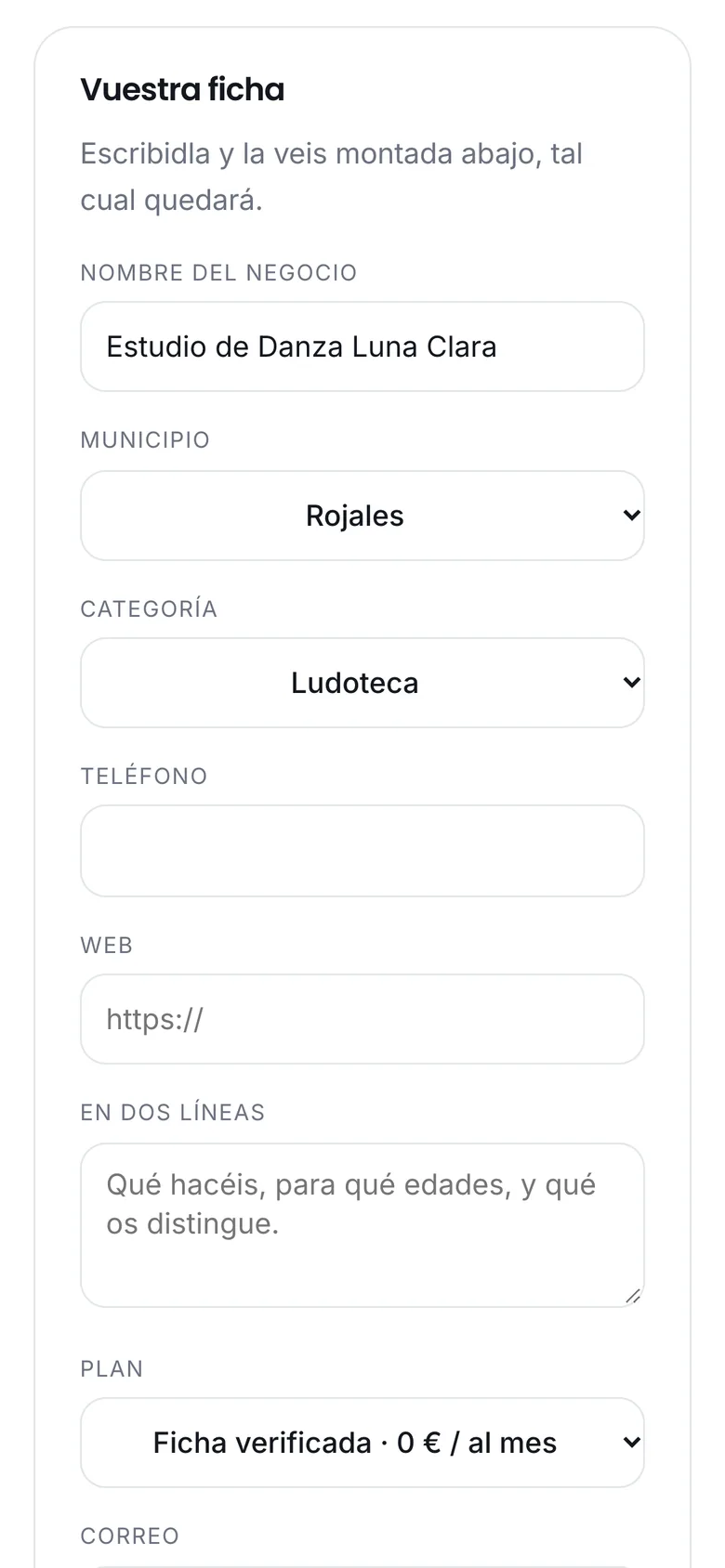 El formulario «Vuestra ficha» para apuntar un negocio