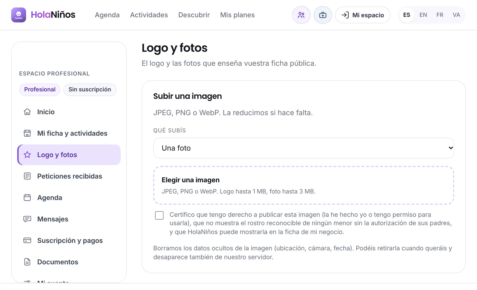 Subir una imagen, con la casilla de derechos