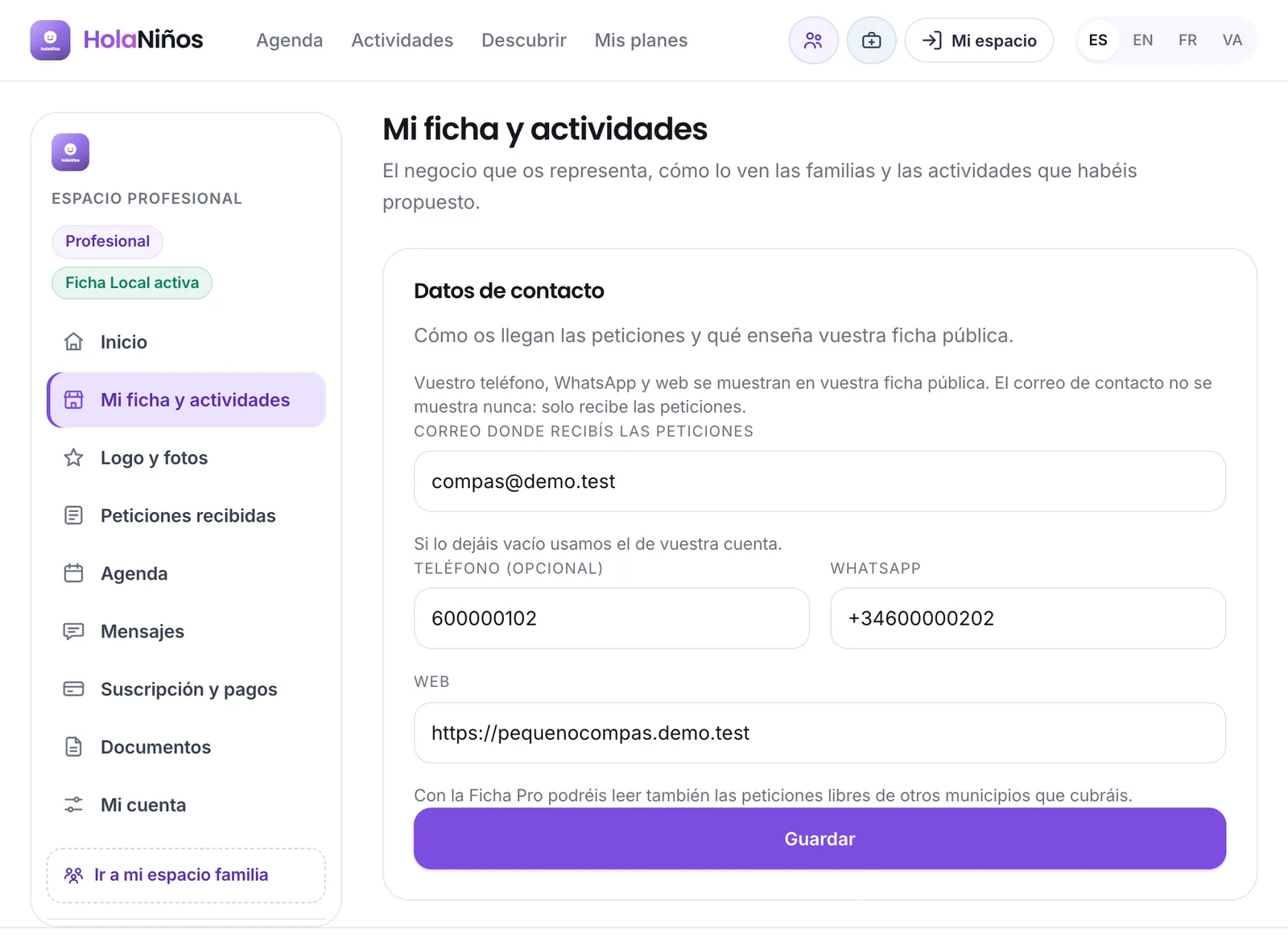 Los datos de contacto de la ficha