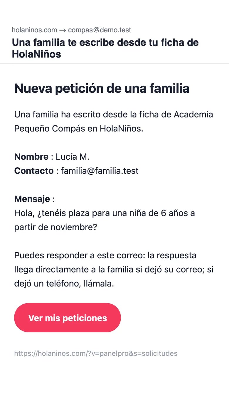 El correo que recibe el negocio con la petición de una familia