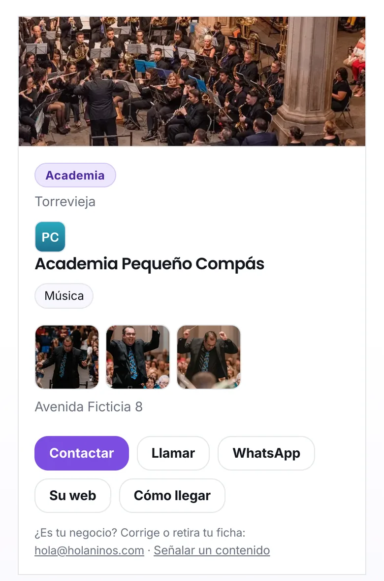 Una ficha con los botones Llamar, WhatsApp y Su web