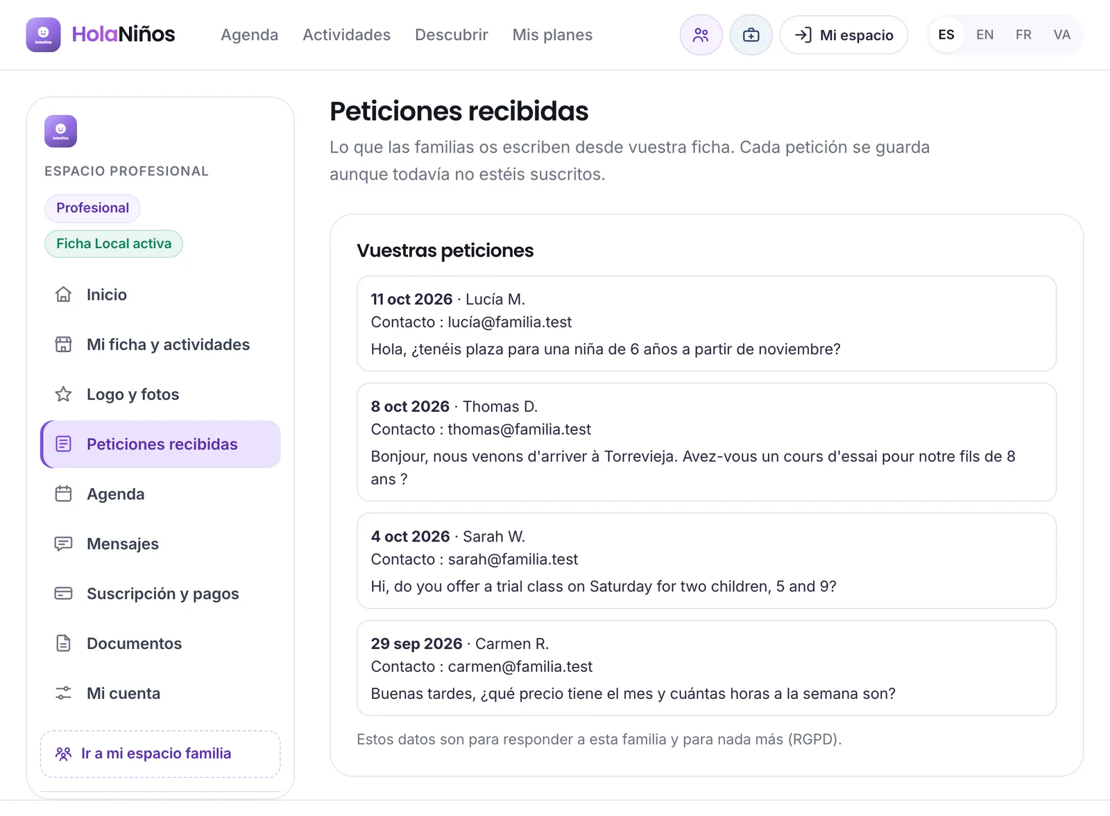 Las peticiones recibidas, en el espacio profesional
