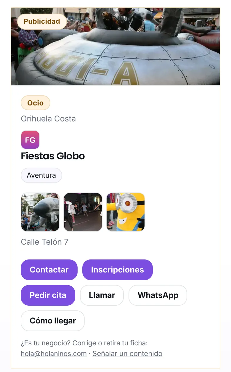 La ficha de un animador de fiestas, con el logo y las fotos