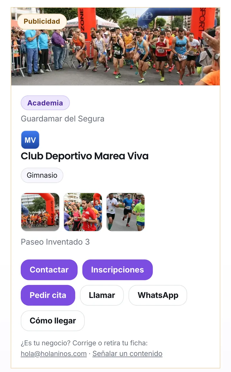 La ficha de un club deportivo, con sus botones Inscripciones y Pedir cita