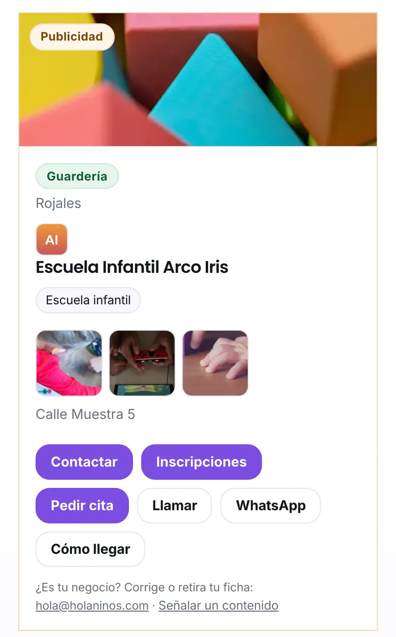 La ficha de una escuela infantil, con sus botones Inscripciones y Pedir cita
