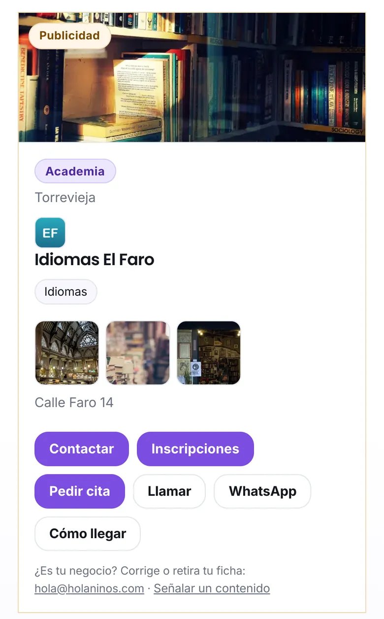 Una ficha con logo, fotos y los botones Contactar, Inscripciones, Pedir cita, Llamar y WhatsApp
