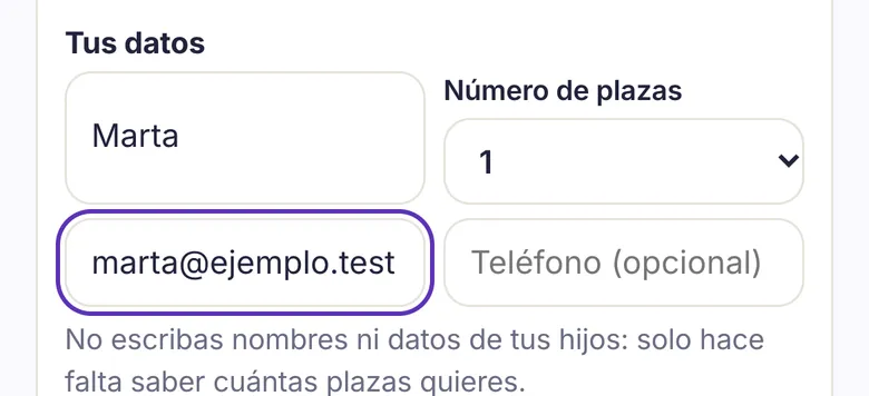 El formulario de inscripción: solo el padre o la madre y el número de plazas