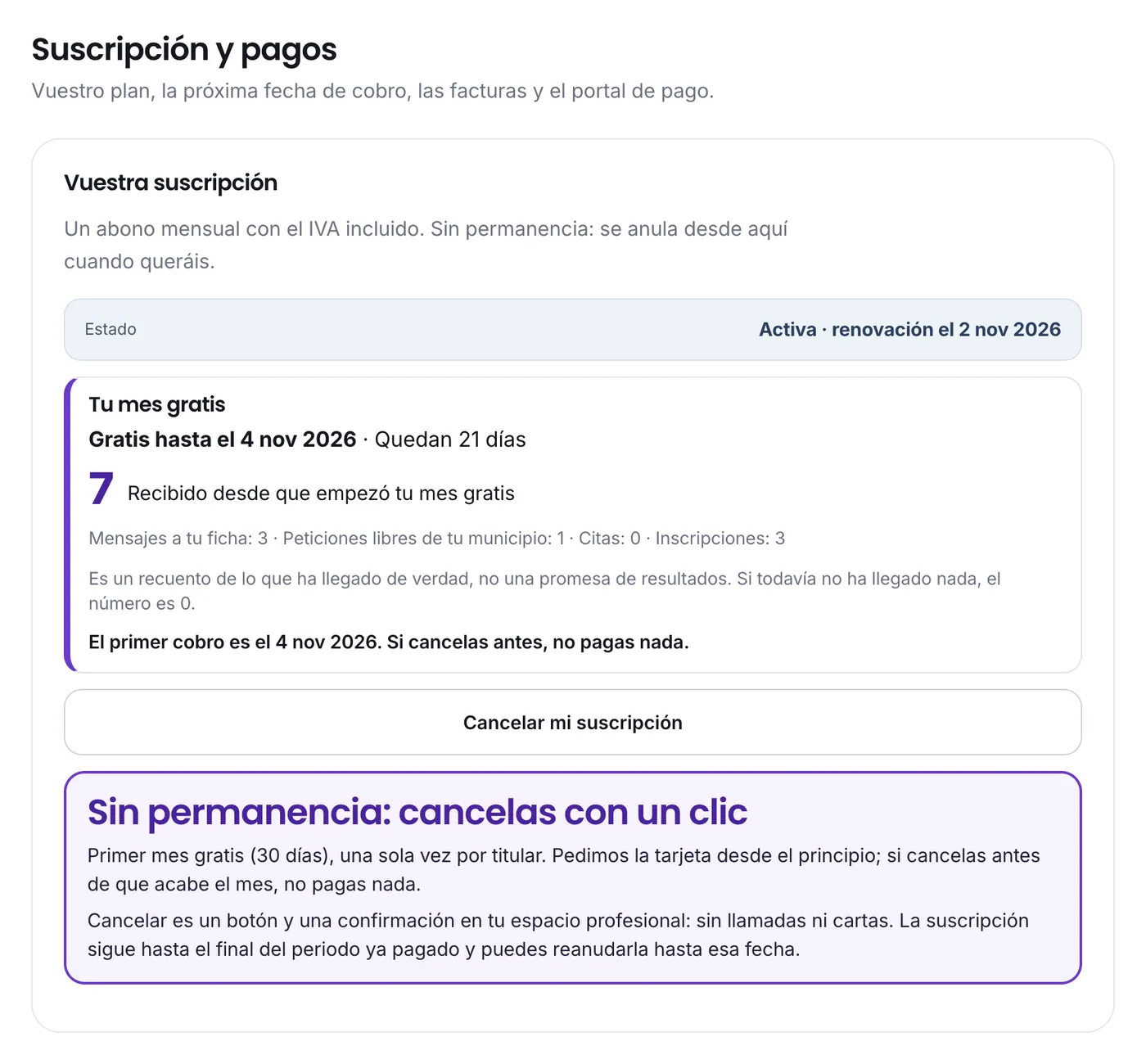 El mes gratis, con la fecha de fin, el recuento y el botón Cancelar mi suscripción