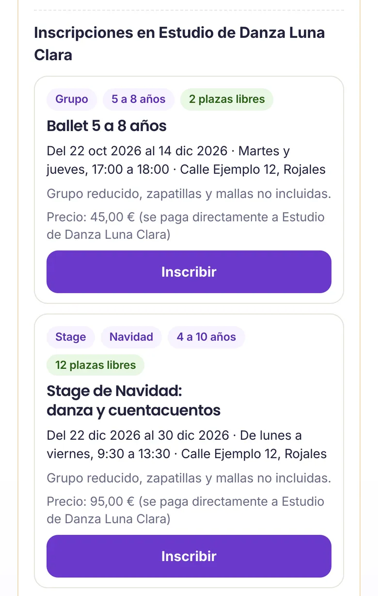 Un grupo y un stage de una escuela de danza, con las plazas libres