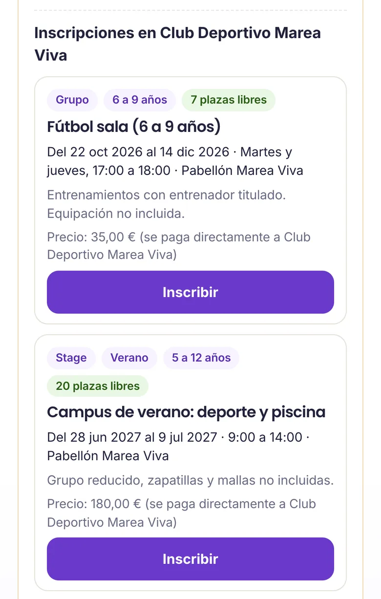 Un grupo y un campus de un club, con las plazas libres