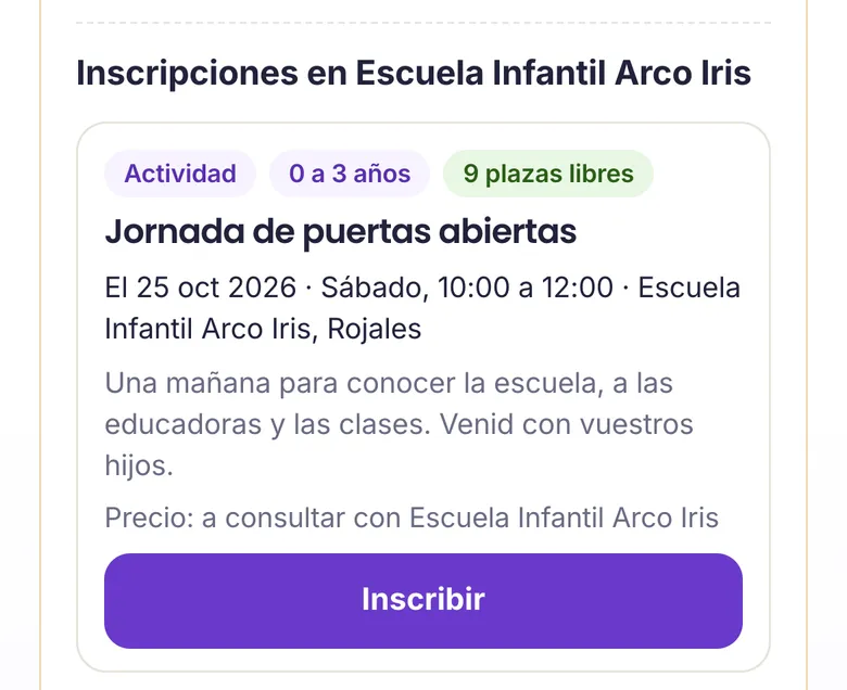 Una jornada de puertas abiertas, con las plazas libres y el botón Inscribir