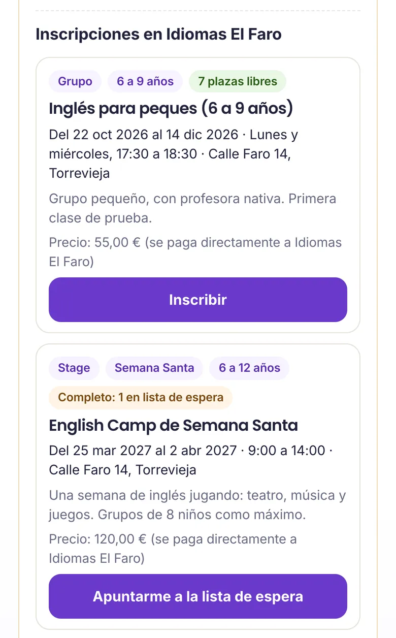 Las ofertas de una academia, con las plazas libres y el botón Inscribir