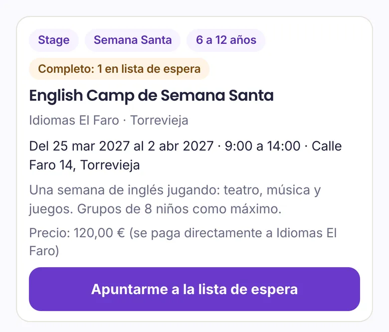 Un English Camp completo, con el botón Apuntarme a la lista de espera
