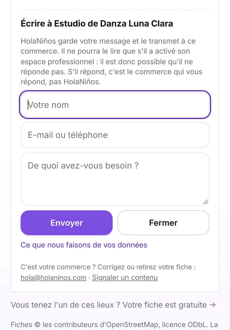 Le formulaire pour écrire à un commerce