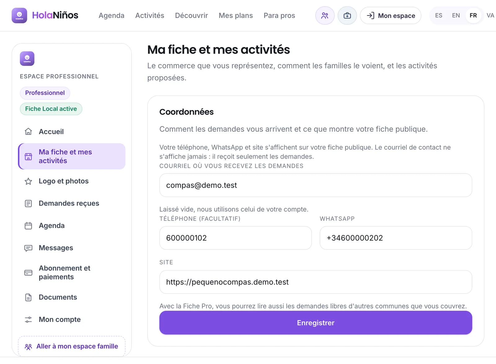 Les coordonnées de la fiche