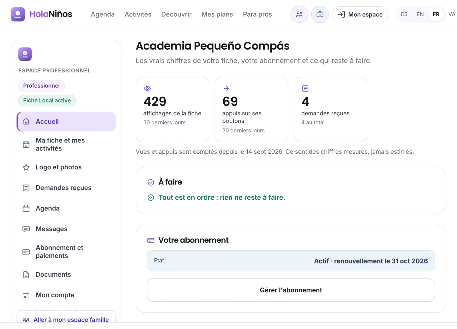 L'accueil de l'espace pro avec une fiche Local
