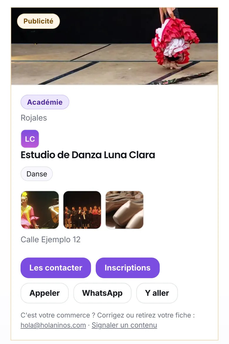La fiche d'une école de danse, avec le bouton Inscriptions