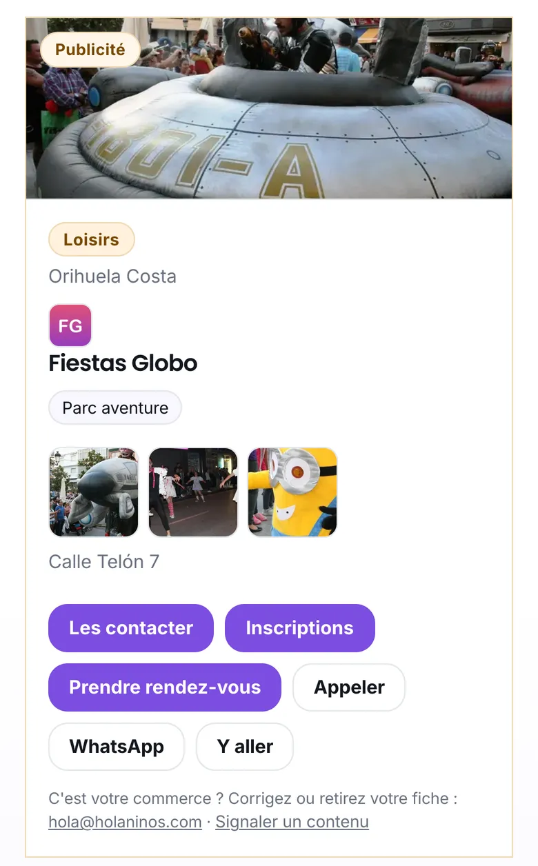 La fiche d'un animateur de fêtes, avec son logo et ses photos