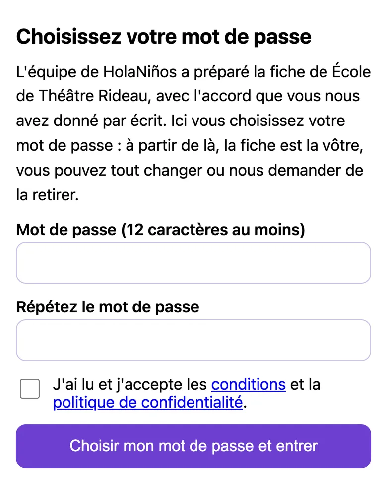 La page où le professionnel choisit son mot de passe et prend la main sur sa fiche