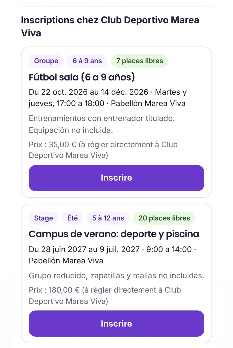 Un groupe et un camp d'un club, avec les places libres