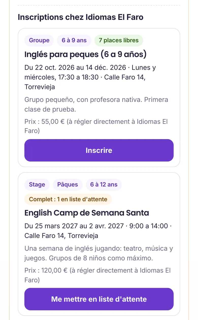Les offres d'une académie, avec les places libres et le bouton Inscrire