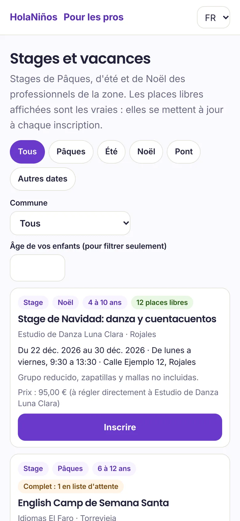 La page Stages et vacances, avec les places libres et le filtre par période