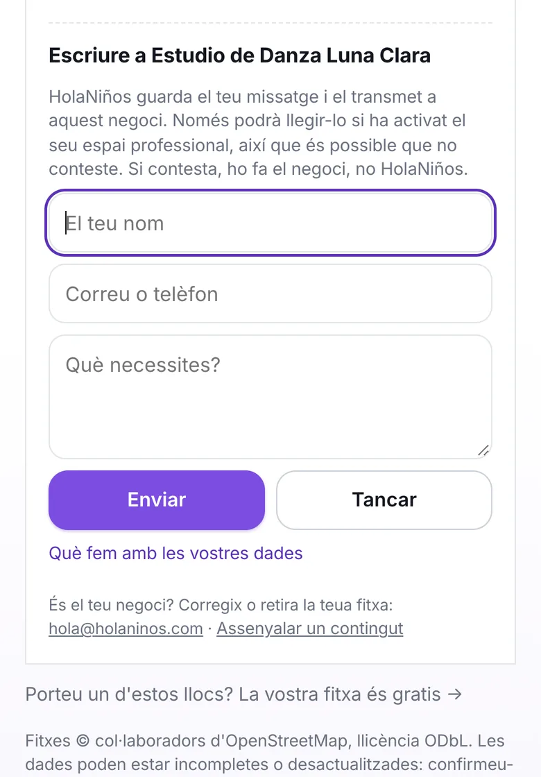 El formulari per a escriure a un negoci
