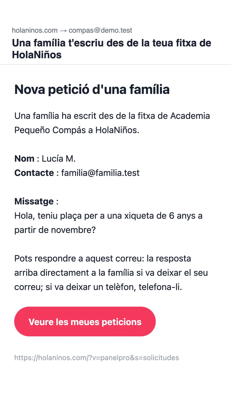 El correu que rep el negoci amb la petició d'una família
