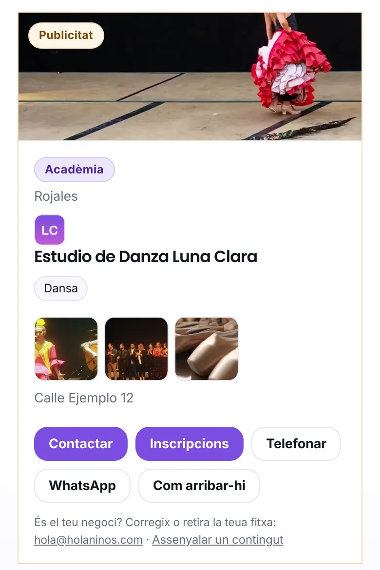 La fitxa d'una escola de dansa, amb el botó Inscripcions
