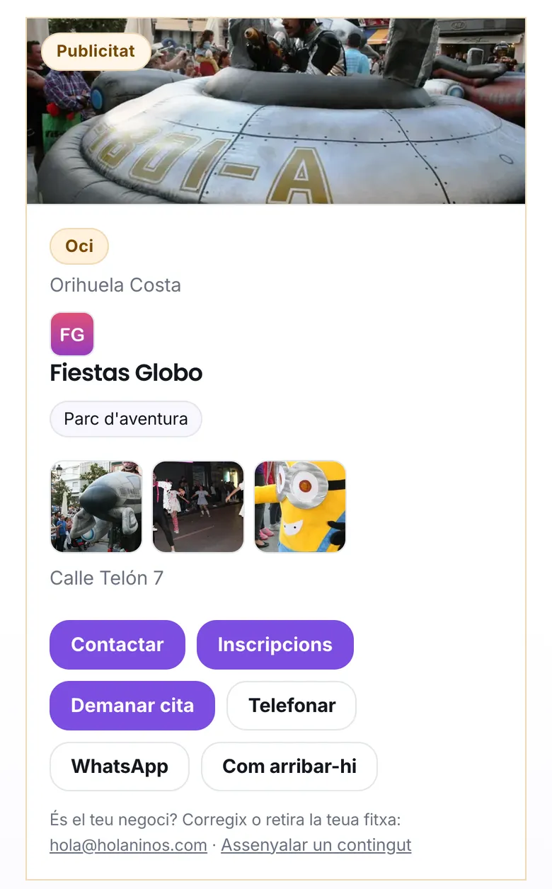 La fitxa d'un animador de festes, amb el logotip i les fotos
