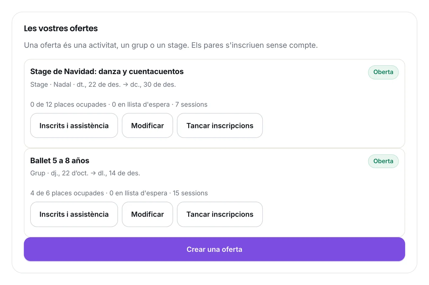 Les ofertes d'una escola de dansa, amb les places ocupades