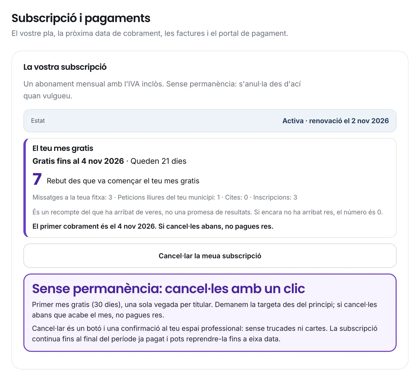 El mes gratis, amb la data de fi, el recompte i el botó Cancel·lar la meua subscripció