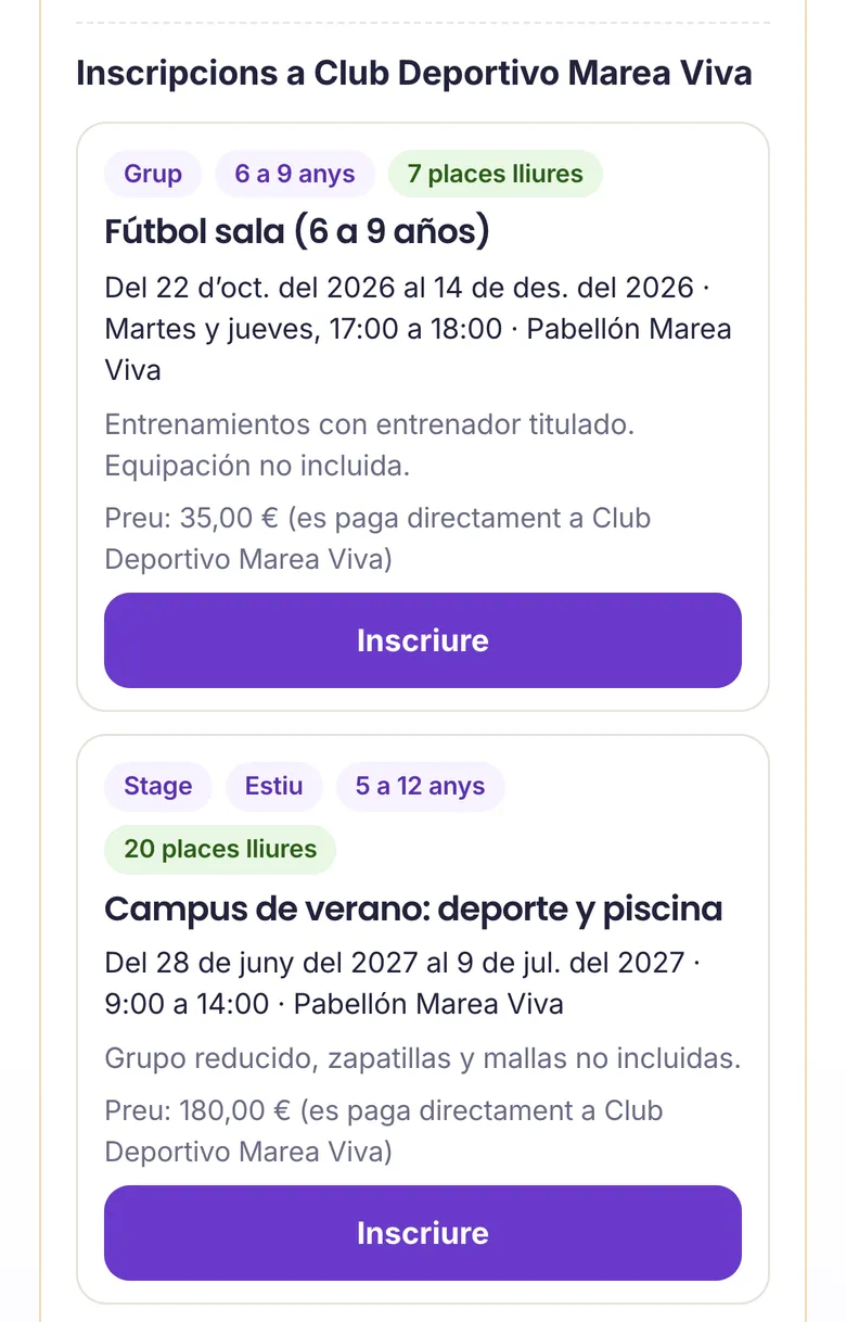 Un grup i un campus d'un club, amb les places lliures