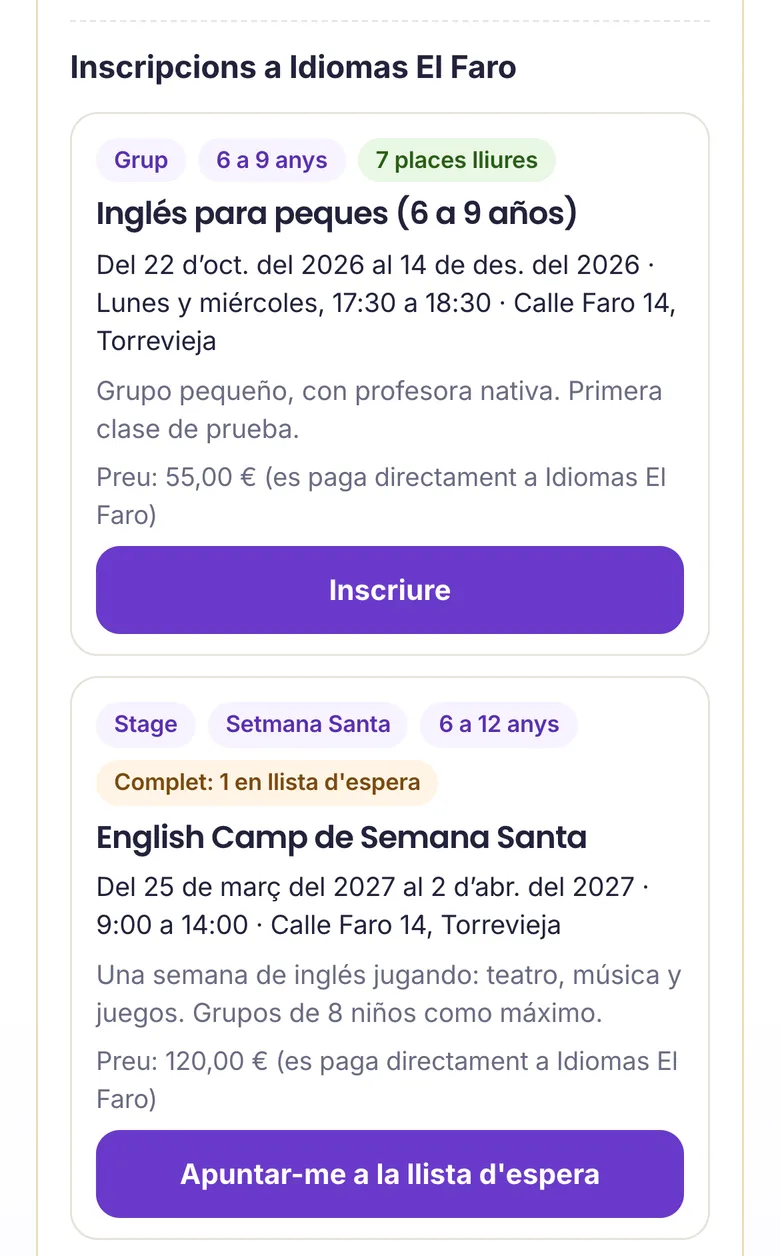 Les ofertes d'una acadèmia, amb les places lliures i el botó Inscriure